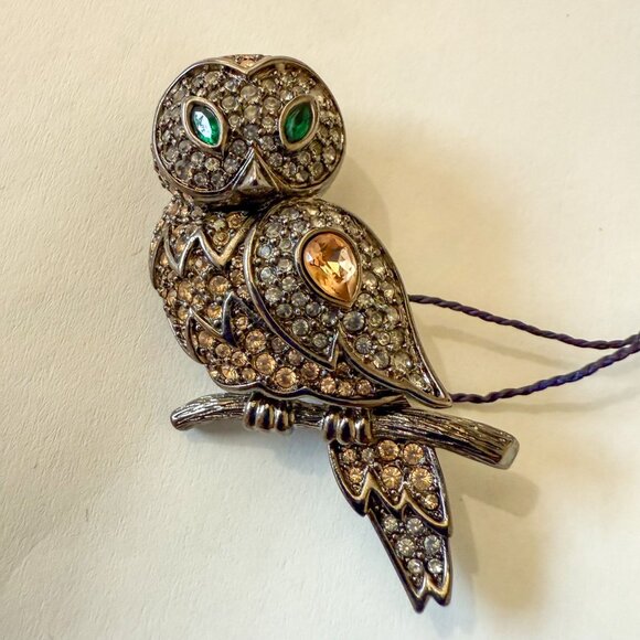 Swarovski Pave Crystal Rhinestone Wood Owl Brooch - Picture 1 of 4